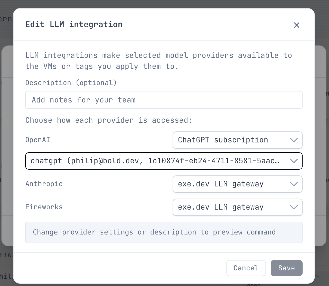 The Edit LLM integration dialog in exe.dev, with OpenAI set to ChatGPT subscription