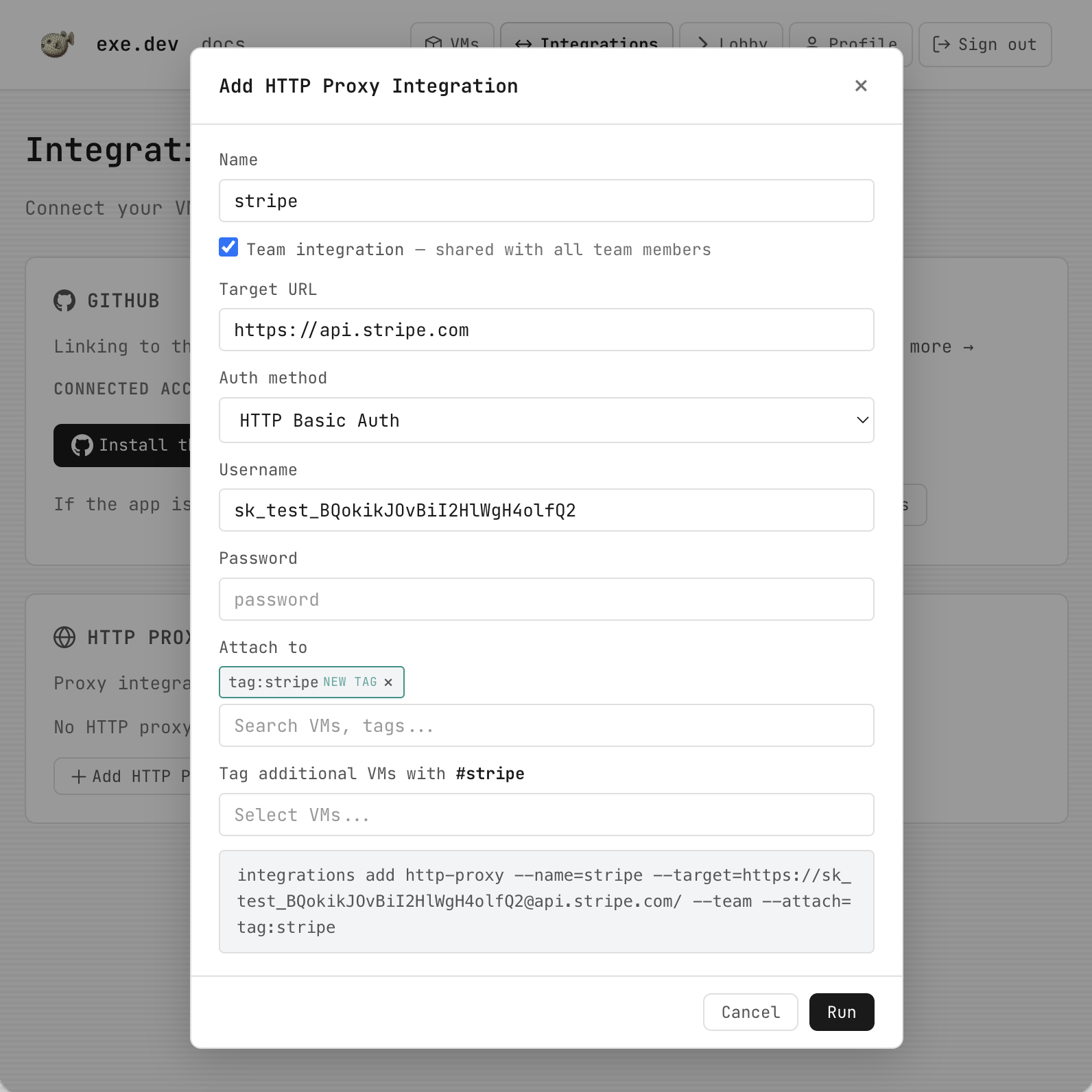 A screenshot of setting up an HTTP integration in
exe.dev