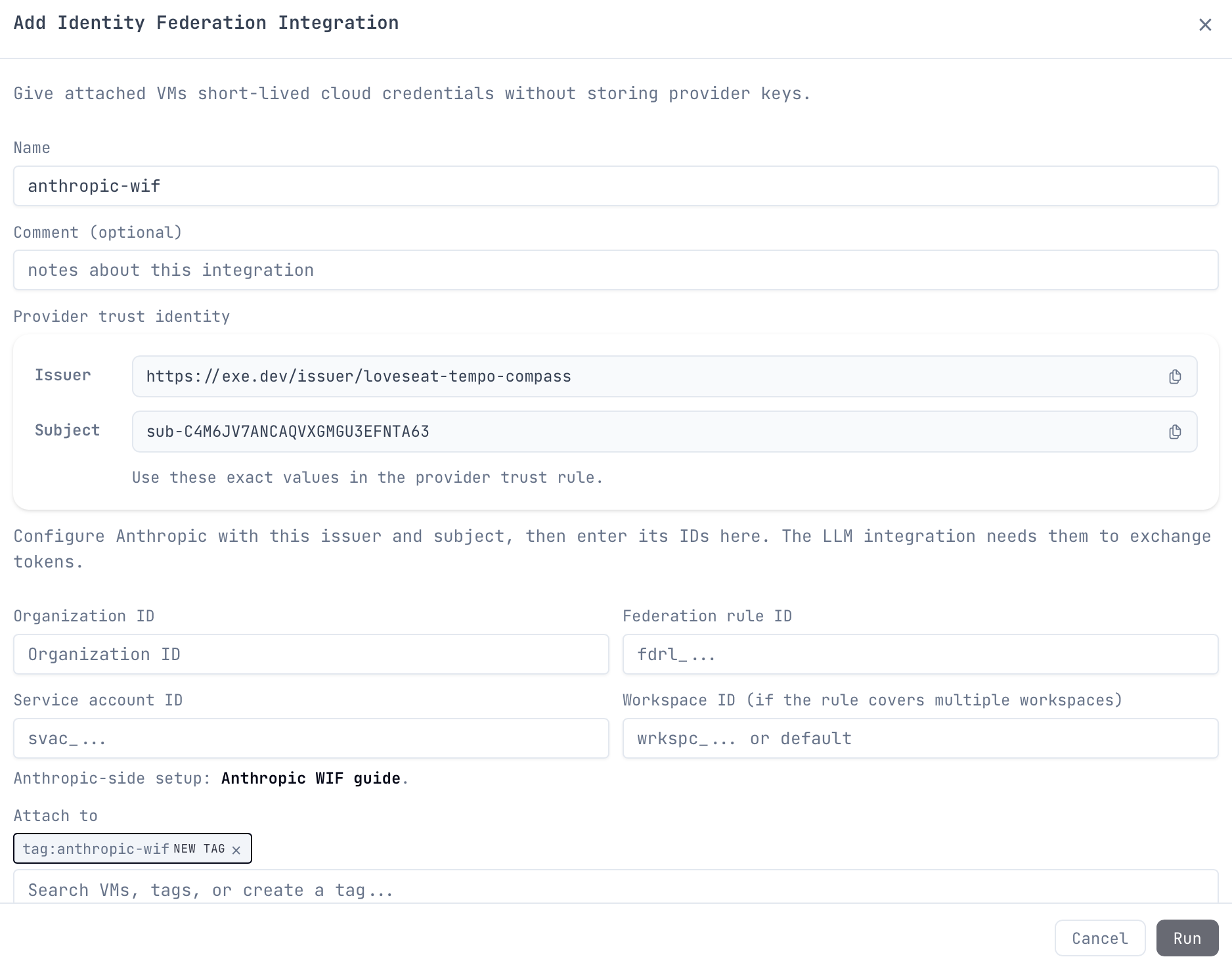 The Add Identity Federation Integration dialog in exe.dev, showing the issuer and subject to configure on the Anthropic side