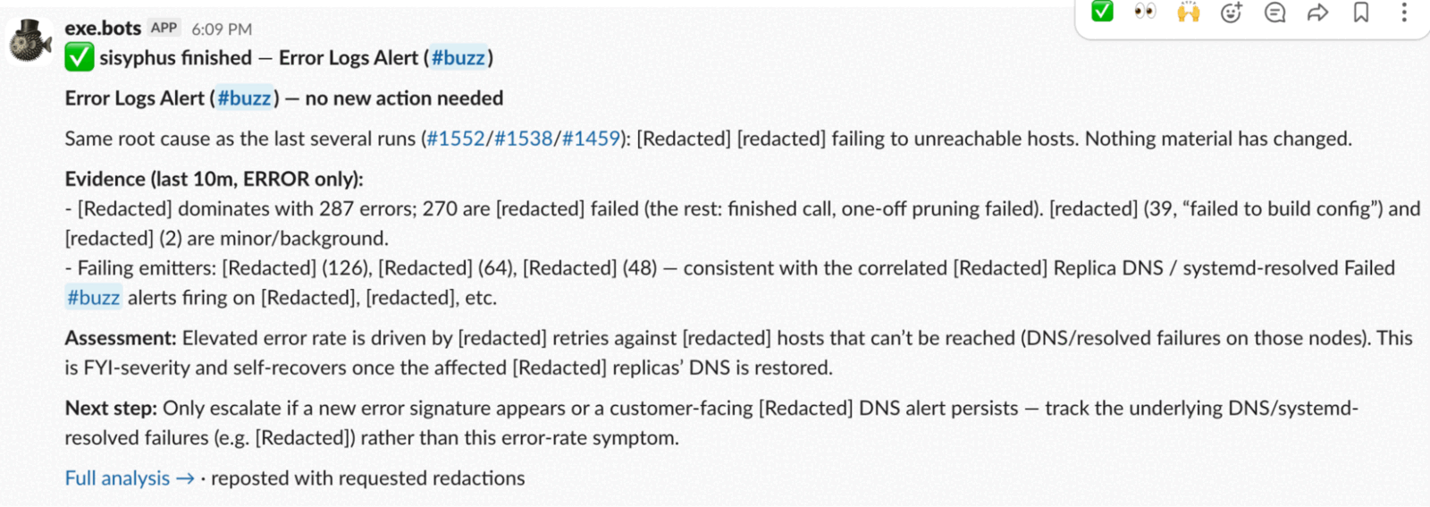 A Slack message from the exe.bots app: Sisyphus triaging an error-logs alert with evidence, an assessment, and a recommended next step.