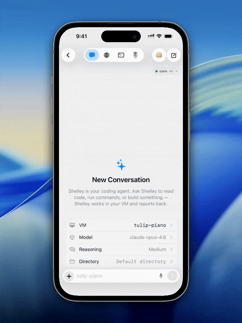 Screen recording of the exe.dev iOS app terminal: flicking through scrollback of a numbered-lines listing, smoothly scrolling up through earlier output.